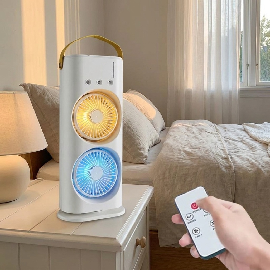 Rechargeable Double Head Cooling Fan with Remote Control, Mist Spray, LED Light and 4000mAh Battery thumbnail 5
