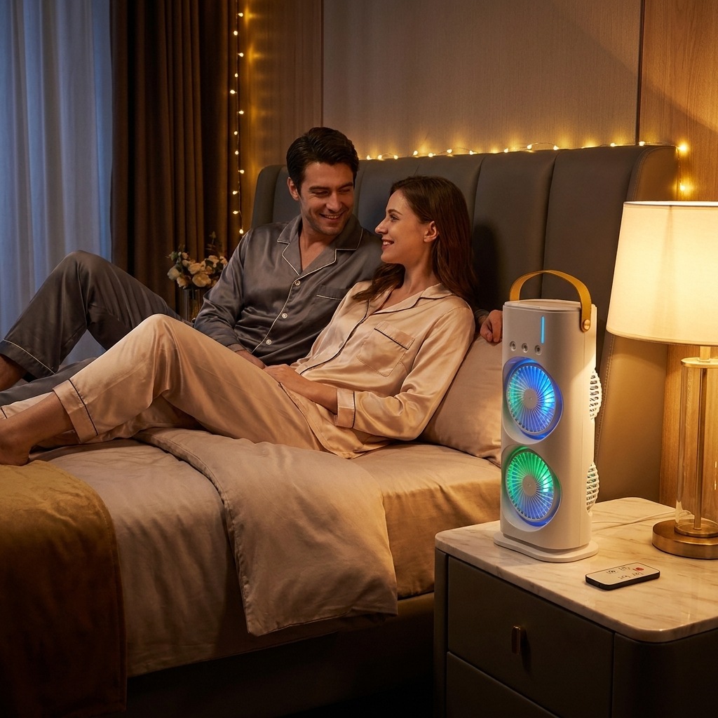 Rechargeable Double Head Cooling Fan with Remote Control, Mist Spray, LED Light and 4000mAh Battery thumbnail 3