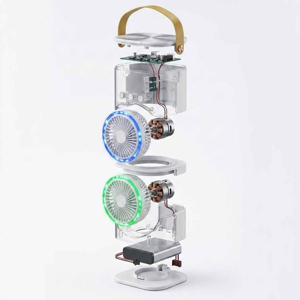 Rechargeable Double Head Cooling Fan with Remote Control, Mist Spray, LED Light and 4000mAh Battery thumbnail 2