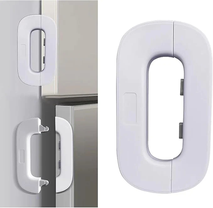 Multi-function baby safety lock installed on a white kitchen cabinet
